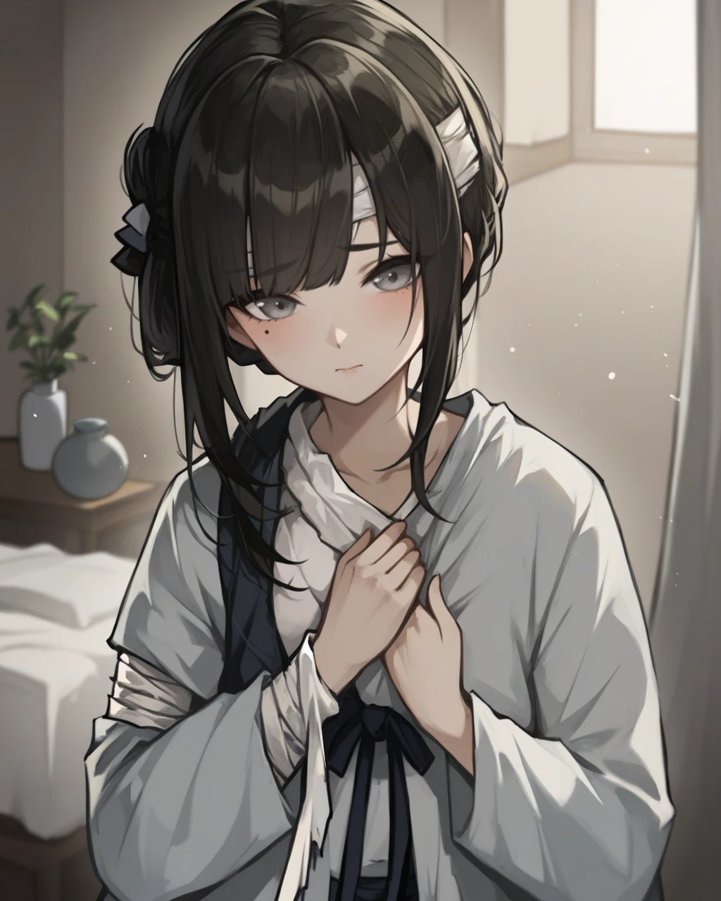 score_9,score_8_up,score_7_up,score_6_up,score_5_up,score_4_up,washroom,bashroom,shy,nsfw,
<lora:mansui_pony:0.65>,mansui,1girl,solo,black hair,closed mouth,grey eyes,bandages,long hair,bangs,mole under eye,half nude,