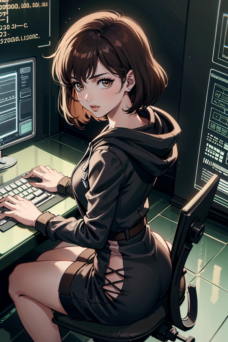 masterpiece, best quality, 1girl, solo, detailed background, outdoors, absurdres, looking at viewer,  <lora:EPguTakayaNoriko-06:0.8>, EPguTakayaNoriko, brown hair, brown eyes, short hair, Style-DA, black hoodie, black dress, <lora:HackedTech-20:1.1>, hackedtech, data stream, green hues, from side, closed mouth, desk, computer, monitor, keyboard \(computer\),