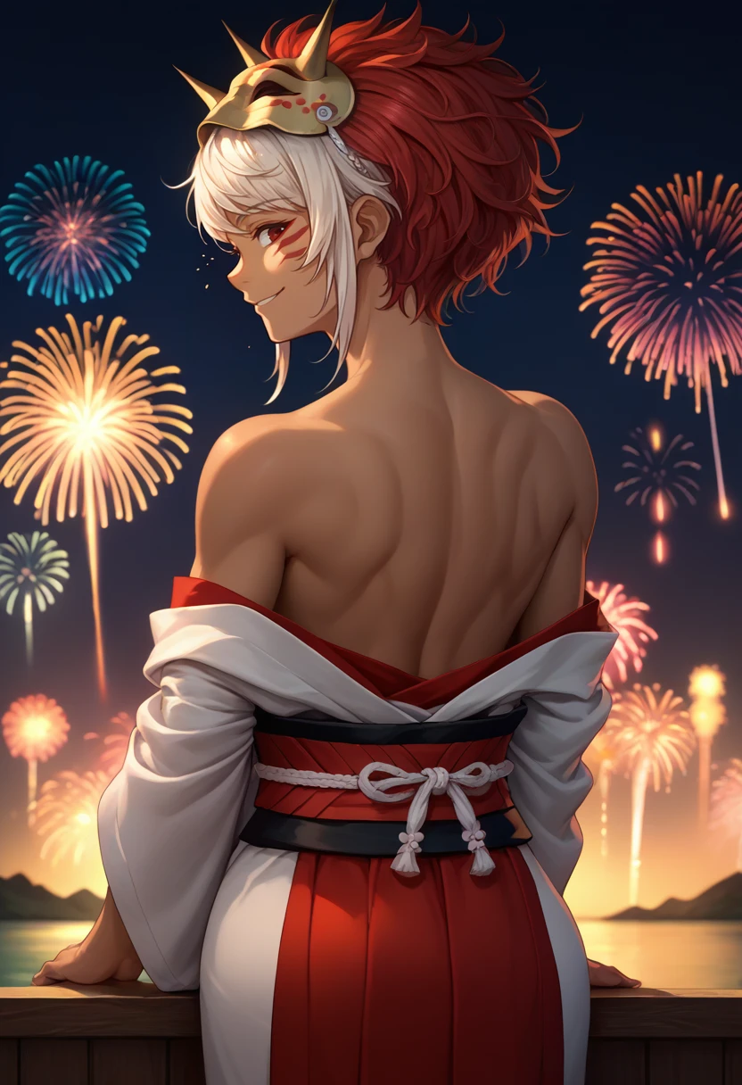 score_9, score_8_up, score_7_up, source_anime, from behind, solo, 1girl, ferinkah, dark skin, toned, smile, looking back, facial mark, multicolored hair, white hair, red hair, mask on head, white kimono, off shoulder, red sash, bare shoulders, fireworks <lora:fireemblem_rinkah_ponyXL:1>