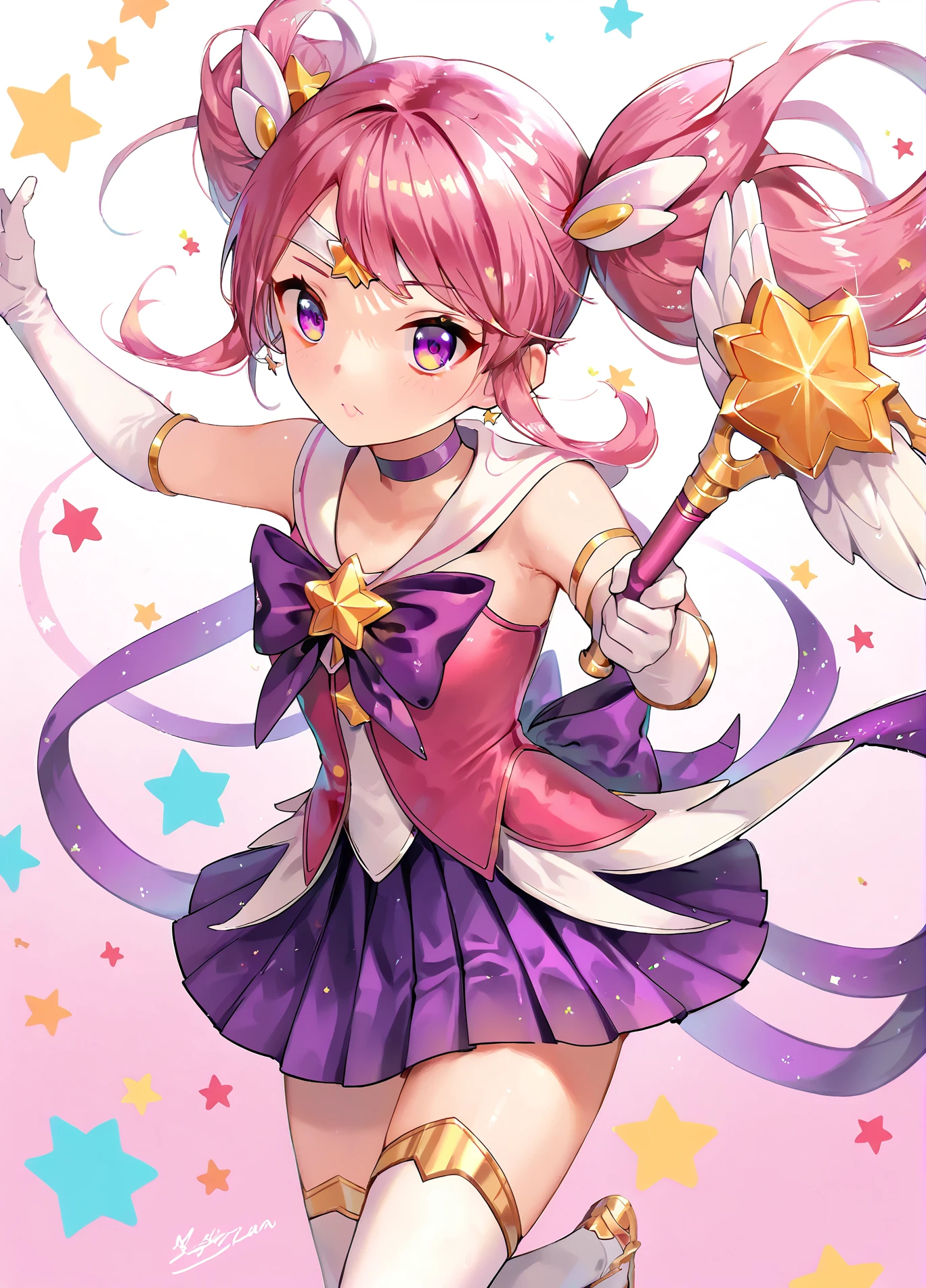 score_9, score_8_up, score_7_up, score_6_up, rating_safe, a magic girl posing, overs
<lora:kaedeokostyle_and_sasakikanna_pony6_v1:.8>kadlystyl <lora:startguardian_lux_pony6_v1:.8> lxstrgrdn, magical girl, star \(symbol\), tiara, elbow gloves, purple choker, sailor collar, hair ornament, white thighhighs, skirt