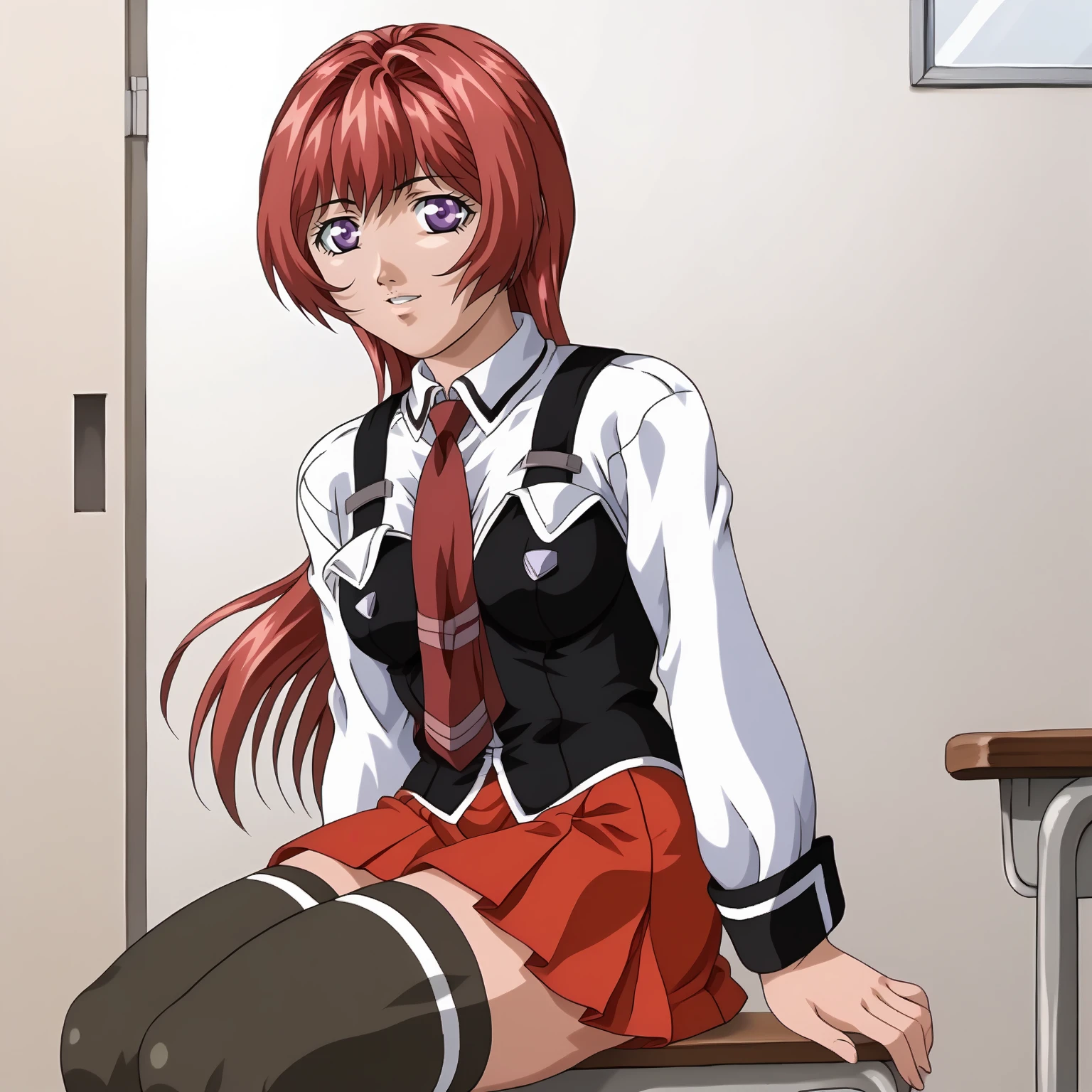 <lora:HirokoTakashiro12YAXLpony004>,smile,parted lips,
solo,
HirokoTakashiro12YA,1girl,red hair,mallet hair,purple eyes,
school uniform,white shirt,strap,vest,red tie,
red skirt,
thighhighs,
standing,sitting,