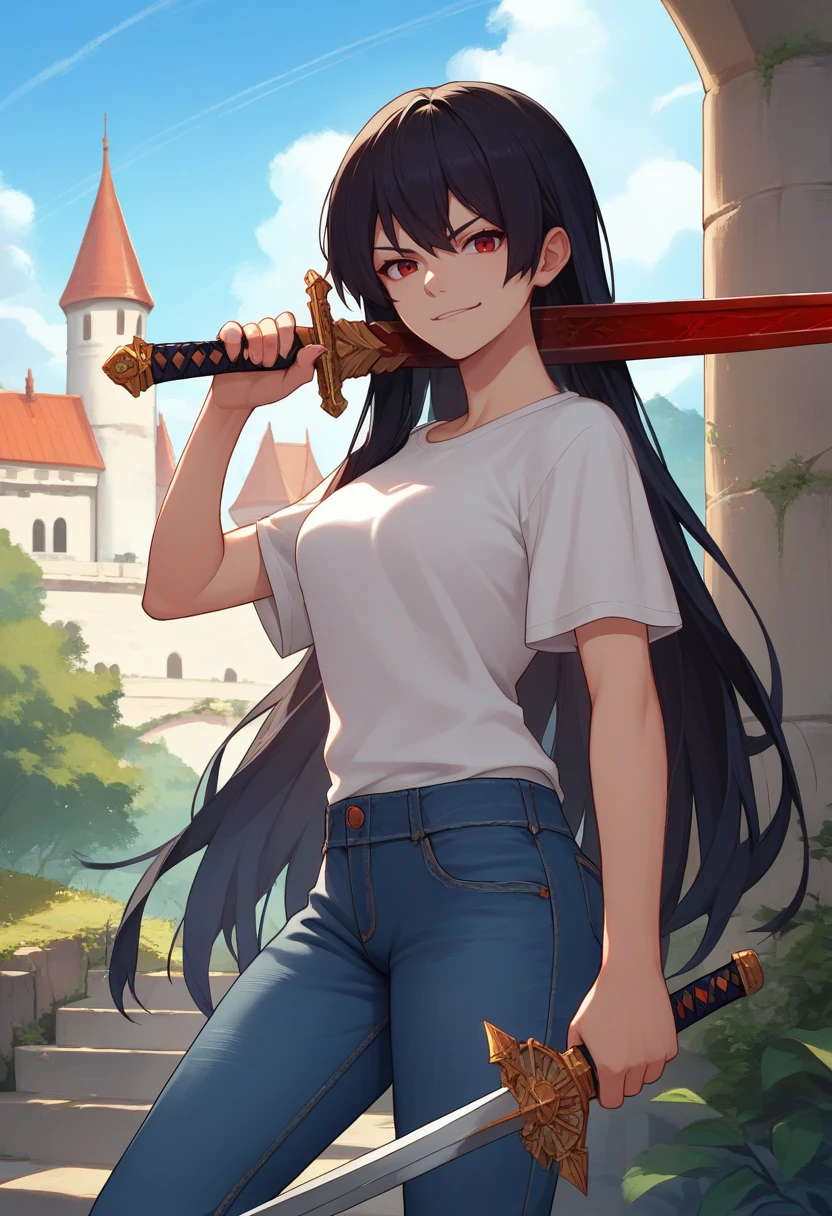 score_9, score_8_up, score_7_up, source_anime, solo, 1girl, smirk, looking at viewer, weapon over shoulder, holding weapon, holding sword, long hair, black hair, red eyes, white t-shirt, jeans, day, outdoors, castle <lora:concept_overshoulder_ponyXL:1>