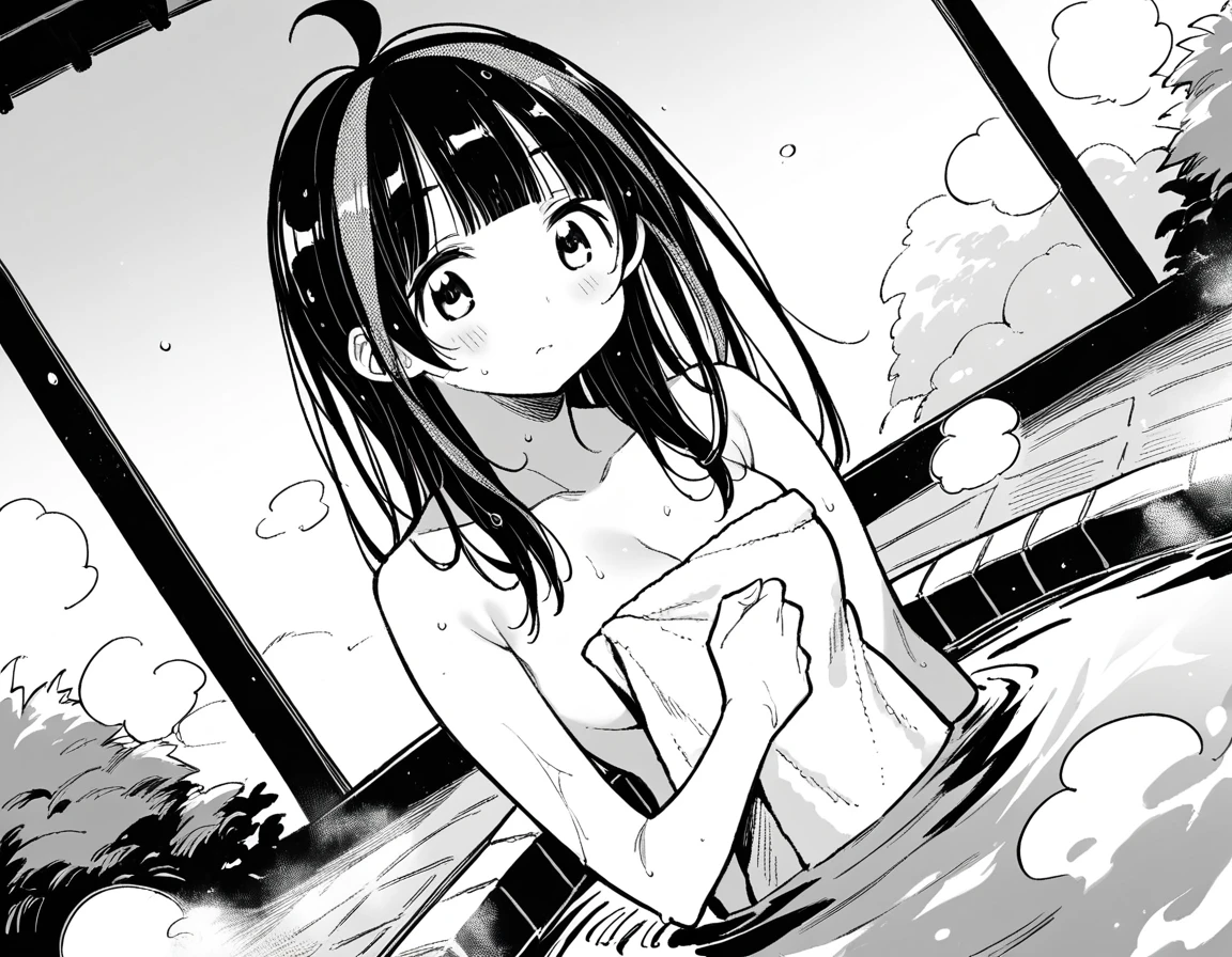 score_9, score_8_up, score_7_up, source_anime,
miniyaemori, <lora:mini-yaemori-manga-ponyxl-lora-nochekaiser:1>,
mini yaemori, long hair, bangs, black hair, blunt bangs, streaked hair, ahoge, greyscale, monochrome,
nude, naked,
outdoors, onsen, towel, naked towel, steam, bathing, nude cover, partially submerged, water, bath, steam censor, wet towel,
looking at viewer, dutch angle, cowboy shot, solo,