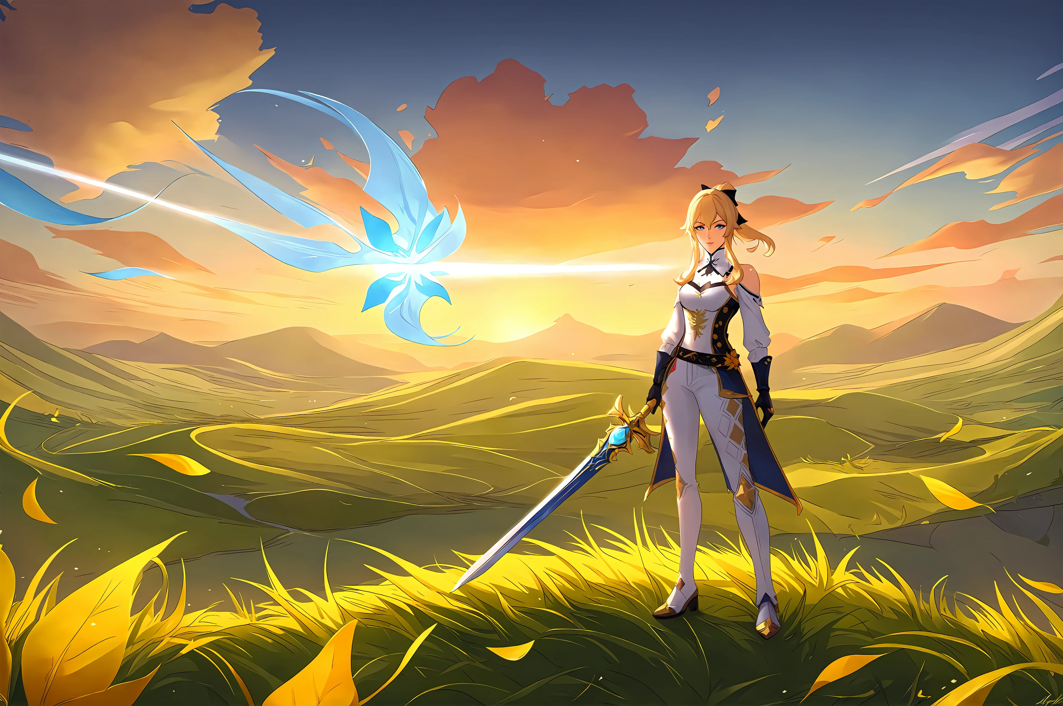 score_9, 
<lora:leaguesplash_v1_pruned:0.95>, 
1girl, jean \(genshin impact\), jean gunnhildr, leaf, wind, light blue magic, sword, rating_safe, grass, sunset, standing, facing viewer, looking at viewer, 
high resolution, Masterpiece, 
uncensored, rating_explicit