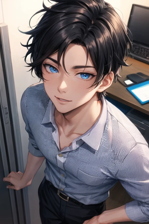 1boy,solo,male focus,black hair,blue eyes,aged up,salaryman, background office,close-up, closed mouth, (smile:0.5), from above,