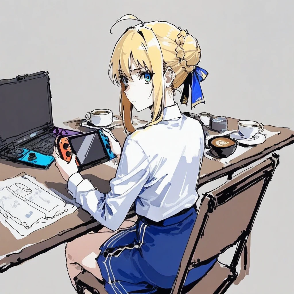 <lora:pen-drawing_A3.1_XL:1>,(pen_art_style, pen_drawing_style), (masterpiece),(best quality), as109, 1girl, artoria pendragon \(fate\), saber, solo, best quality, looking at viewer, looking back, sitting, holding handheld game console, blue eyes, green eyes, blonde hair, hair ribbon, ahoge, bangs, sidelocks, braided bun, white shirt, skirt, long sleeves, blue ribbon, nintendo switch, table, teacup, smartphone,