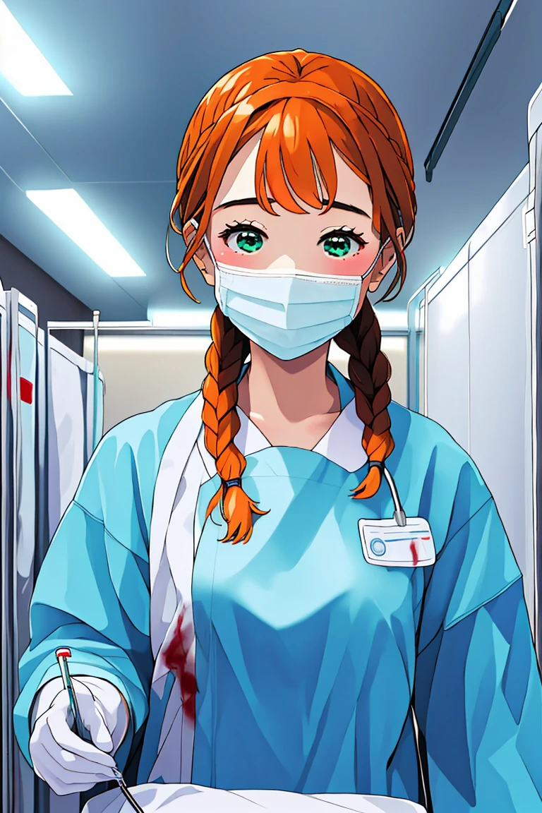 (RAW photo, best quality), (1girl), operating room, overhead surgical light,blurred background, focused,
 <lora:Fumiko_Miyashita_3D21_V1.0:0.8> fumiko miyashita, 3dcg_21,orange_hair,green_eyes,twin_braids,hair_on_shoulders, 
<lora:Nrs_Gown_Reach_V1.0:0.6> nrs_gw_reach, looking at viewer, nurse cap, surgical mask, blood on clothes, upper body, blood bag, intravenous drip, gloves, long sleeves,