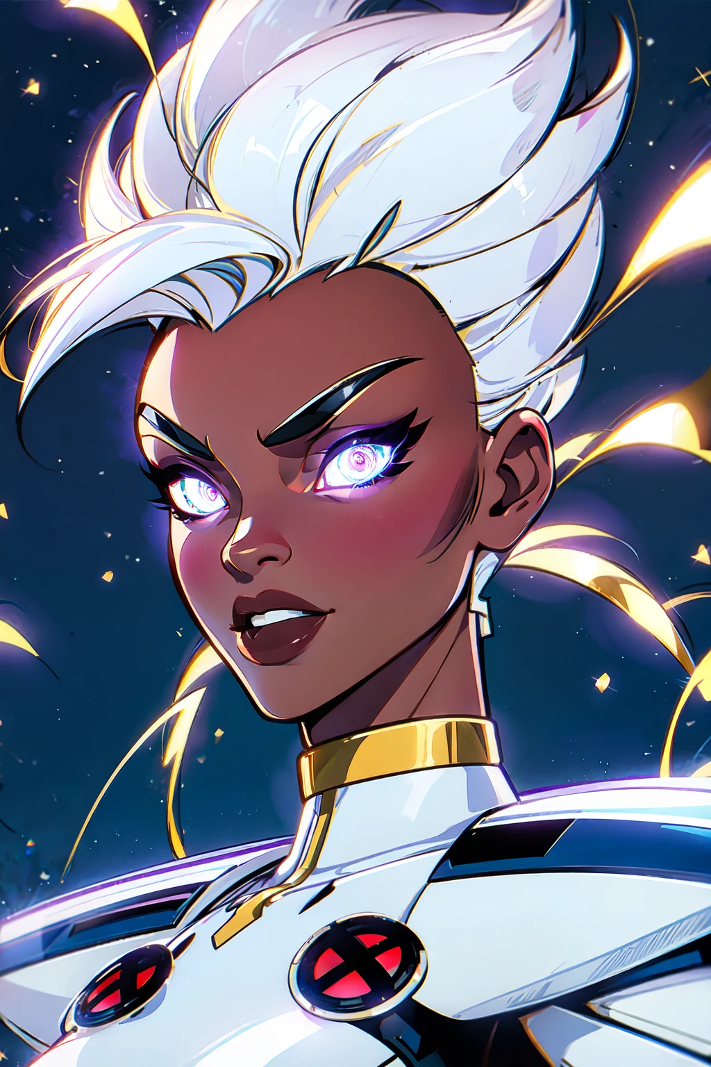 <lora:B0D0CA0A29:0.65> storm97, ororo monroe, an african woman, hentai illustration, white mohawk hair. ((5-in her best photo). white xmen outfit with red x logos on the suit), ((5-amazing starry night background)). ((7- Ororo's eyes are glowing solid white, ((no pupils no iris:1)),  with electricity coming out of them)), focal blur