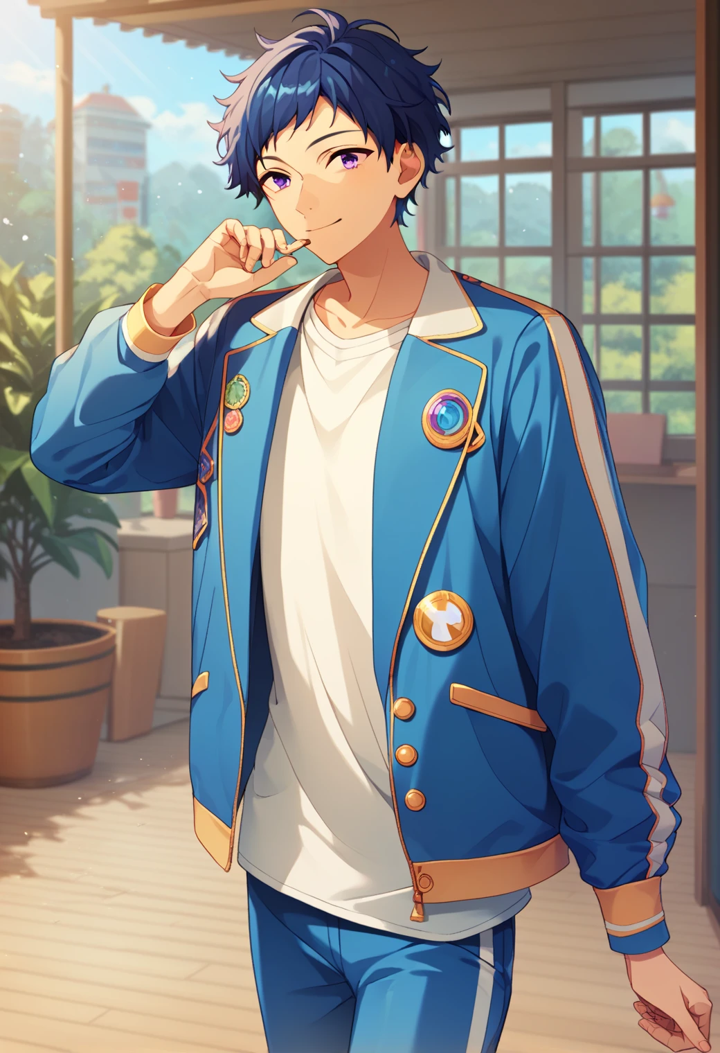 score_9_up, score_8_up, score_7_up, score_6_up, score_5_up, score_4_up, best quality, amazing quality, best aesthetic, absurdres, cute, solo,yuzuru fushimi, blue hair, purple eyes, blue open jacket, blue pants, white shirt<lora:EMS-358785-EMS:1.000000>