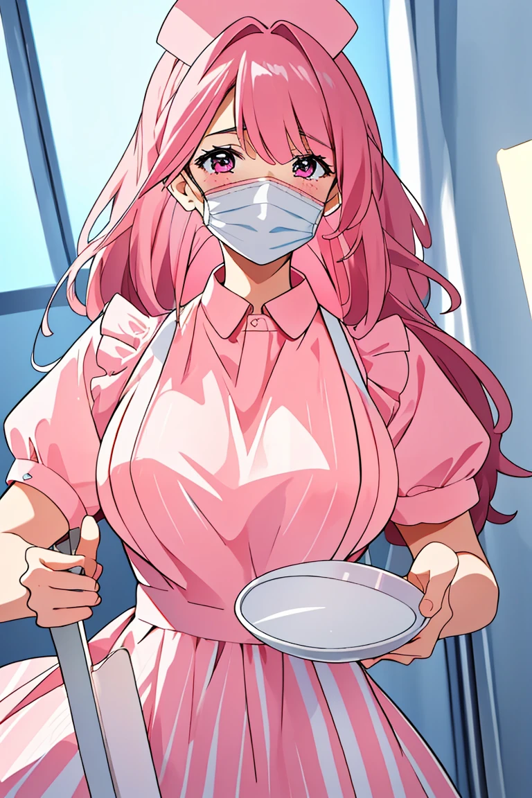 (RAW photo, best quality), (1girl), operating room, overhead surgical light,blurred background, focused,
 <lora:Akiko_Hominitsu_3D18_V1.0:0.8> akiko hoministu, 3dcg_18,pink_hair,pink_eyes,long_hair, 
 <lora:Classic Nurse Old V2:0.8> (nurse_old_style_01, apron, nurse cap, short sleeves, striped dress, puffy sleeves, vertical stripes, nurse, white apron, puffy short sleeves, pantyhose),