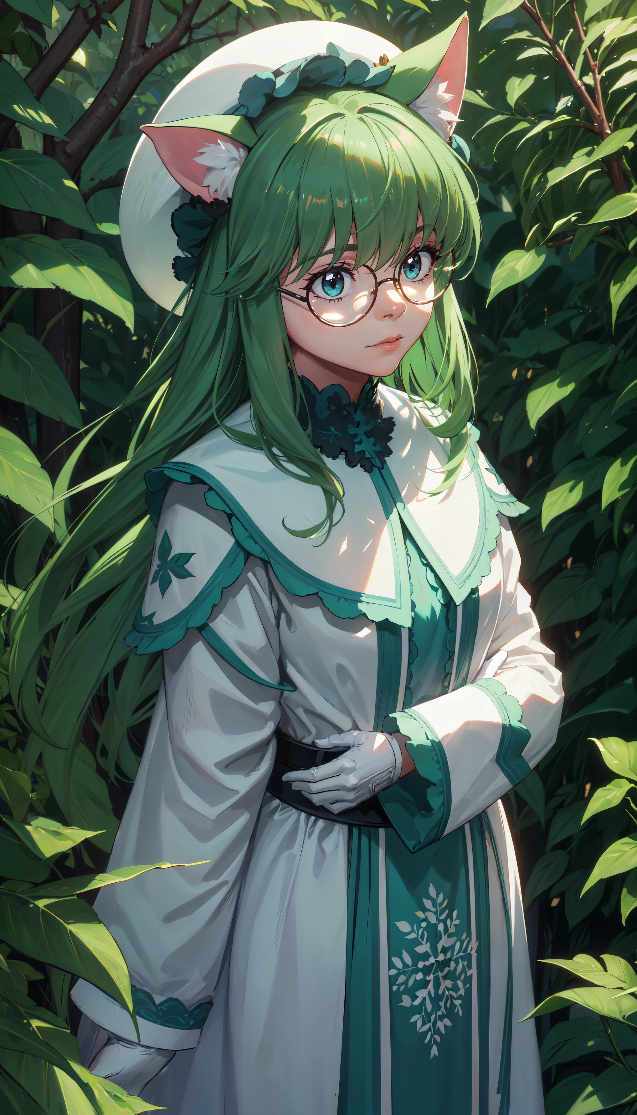 photorealistic, (4k), depth of field, (Masterpiece), (realistic skin texture), extremely detailed, intricate, hyper detailed, professional photography, bokeh, high resolution, sharp detail, best quality, woman, <lora:Cheadle Yorkshire:0.7>, long hair, green hair, round glasses, teal eyes, cat ears, white hat, white dress, capelet, white gloves, <lora:GoodHands-vanilla:0.4>, <lora:detail_slider_v4:0.8> , dynamic pose, (wrapping arms around legs), forest, nature, bushes, grass path, tall grass,