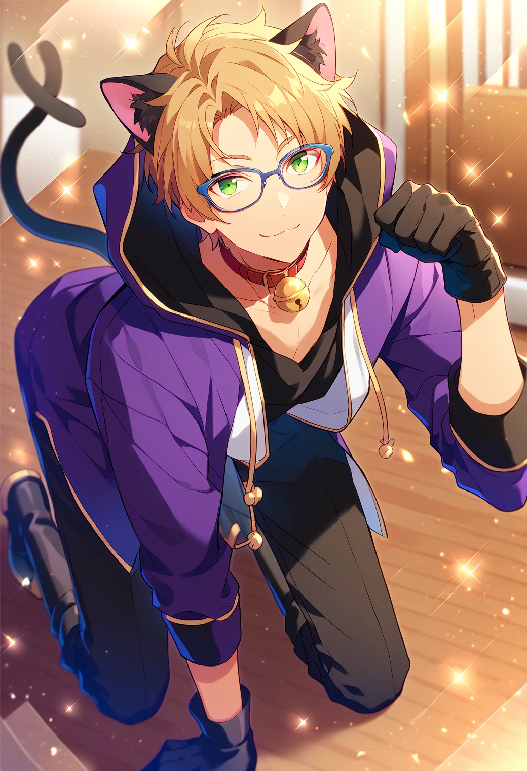 score_9, score_8_up, score_7_up, score_6_up, score_5_up, score_4_up, best quality, amazing quality, best aesthetic, absurdres, solo,makoto yuuki, blonde hair, green eyes, glasses, black cat costume, purple hooded jacket, cat ears, cat tail, collar bell, glasses, black gloves, black boots, all fours, paw pose<lora:EMS-357109-EMS:1.000000>