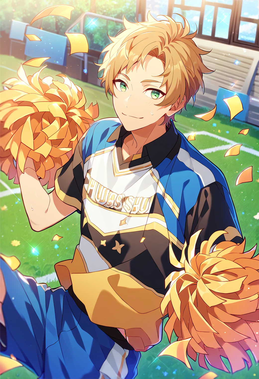 score_9, score_8_up, score_7_up, score_6_up, score_5_up, score_4_up, best quality, amazing quality, best aesthetic, absurdres, solo,makoto yuuki, blonde hair, green eyes, cheerleading uniform, blue shorts, blue and yellow shirt, yellow  pom poms<lora:EMS-357109-EMS:1.000000>