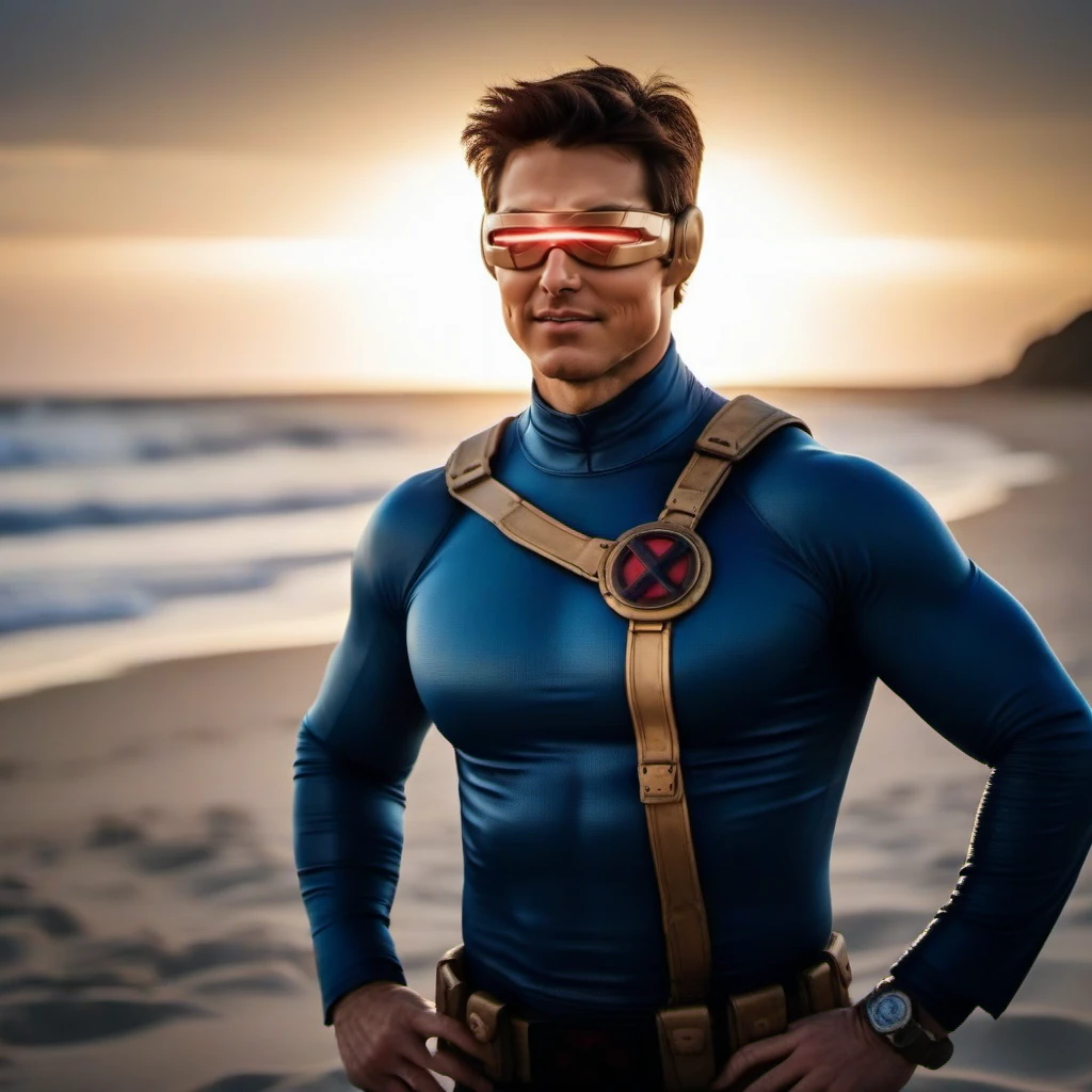 cinematic photo tom cruise is cyclops, thumbs up, laser beam eyes, beach  <lora:Cyclops1024:0.8> . 35mm photograph, film, bokeh, professional, 4k, highly detailed