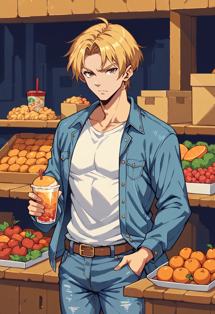 snes style, 1boy, male focus, denim jacket, supermarket(place), fruit, boxes, denim pants, solo focus, short hair, brown eyes, blonde hair, shirt,, 16bit, pixel art, pixelization, PonyXLV6_Scores , <lora:SNES-PonyXL:1>