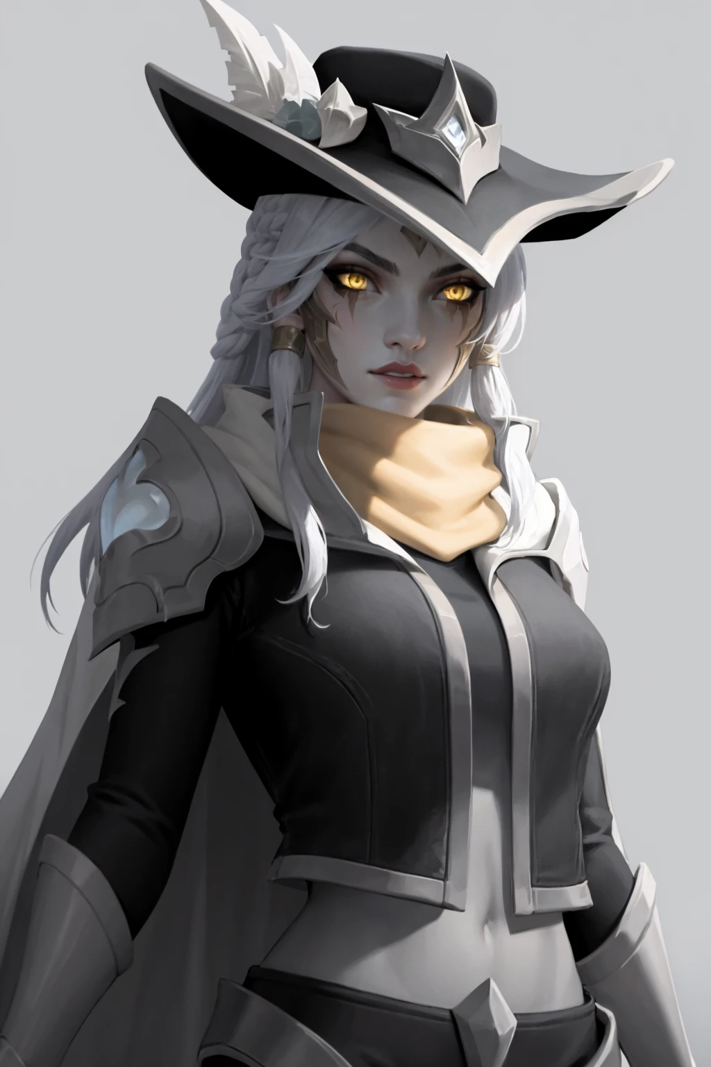 masterpiece, best quality,
1girl, hnashe, white hair, long hair, yellow eyes, makeup, lipstick,
hat, scarf, jacket, cape, 
closeup, (b&w), black and white, (glowing eye:0.5), (sketch:0.4), solo, solid grey background   <lora:HighnoonAshe:1>