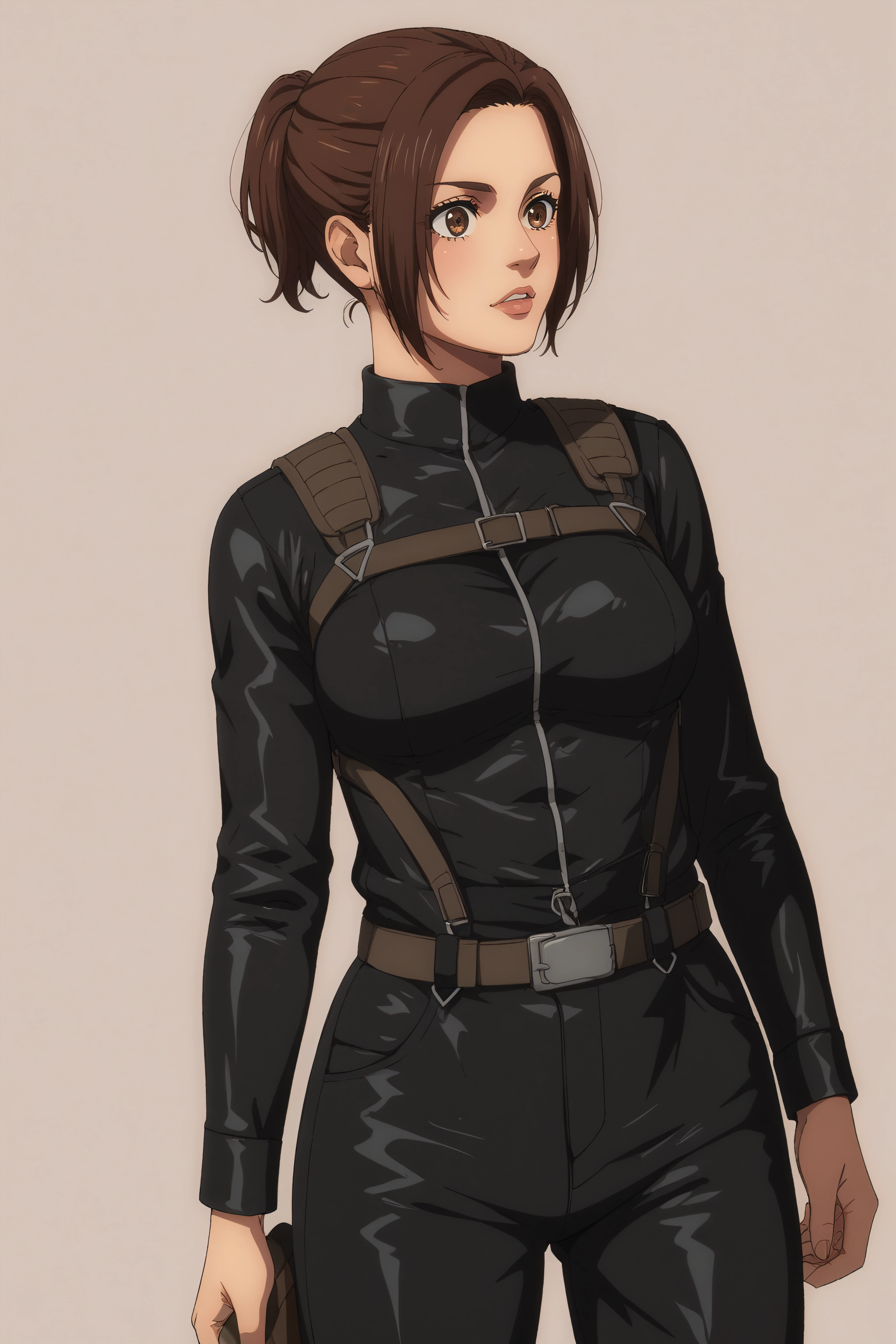 score_9, score_8_up, score_7_up, BREAK source_anime, <lora:Sasha Blouse-PonyXL-lora-Faxtron:0.8> sasha blouse, brown eyes, brown hair, short ponytail, medium breasts, black paradis military uniform, black pants, boots, standing,