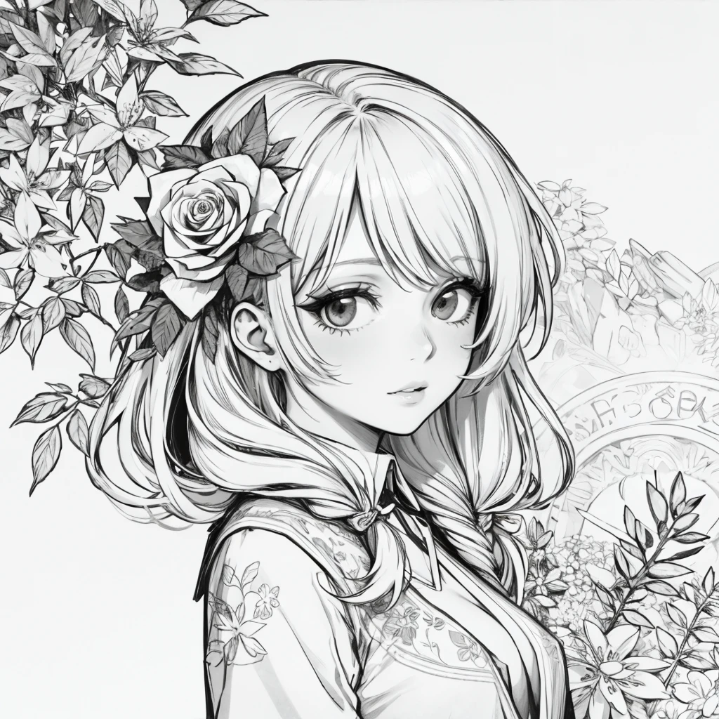 1girl, monochrome, lineart, long hair, abstract, flowers , leaf, whitework