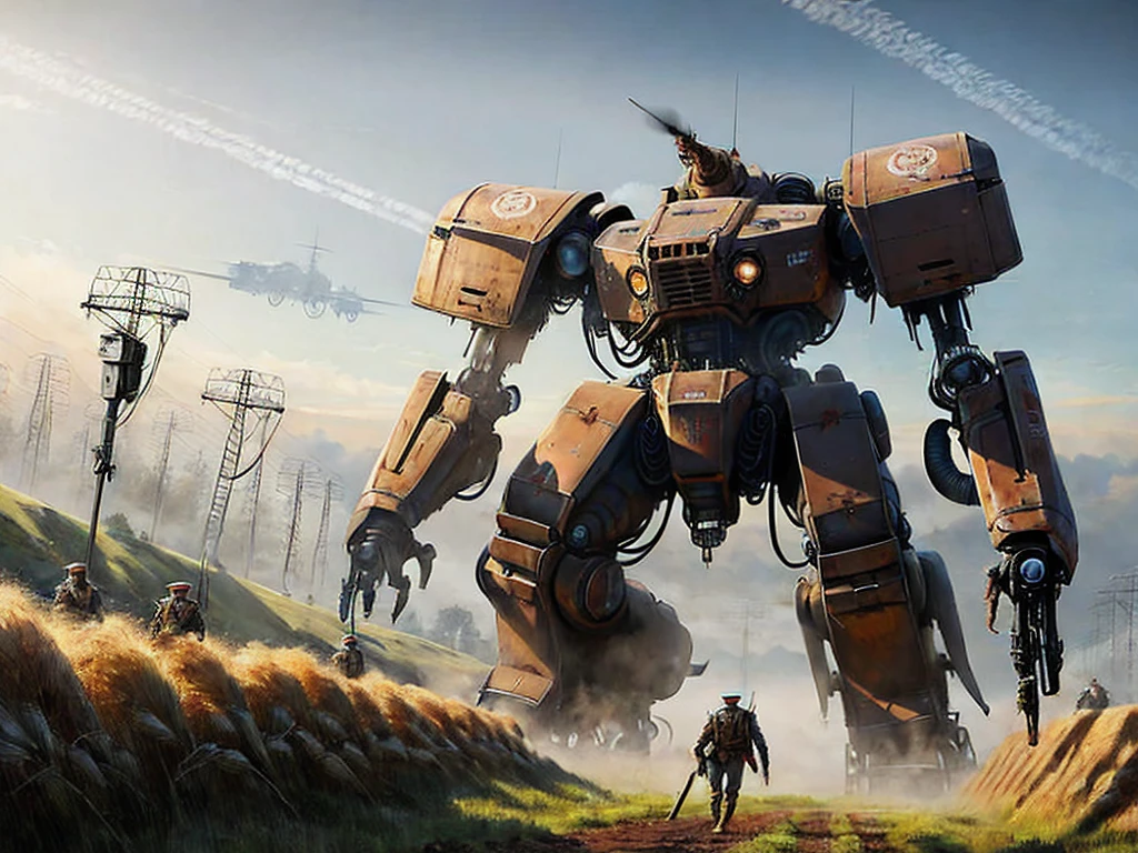 landscape painting of a huge dieselpunk mech walking over a barley field, made of rusty metal, alternate ww1, concept art, soldiers in foreground, good quality, dramatic lighting, beautiful landscape