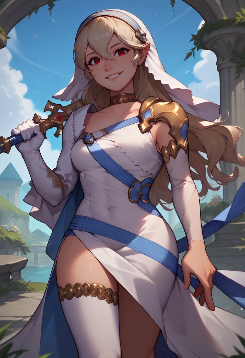 score_9, score_8_up, score_7_up, solo, 1girl, adriftCor, smile, looking at viewer, weapon over shoulder, holding weapon, holding sword, white dress, blue straps, veil, single glove, single thighhigh, outdoors <lora:concept_overshoulder_ponyXL:1.1> <lora:corrin-pdxl-nvwls-v1:0.9>