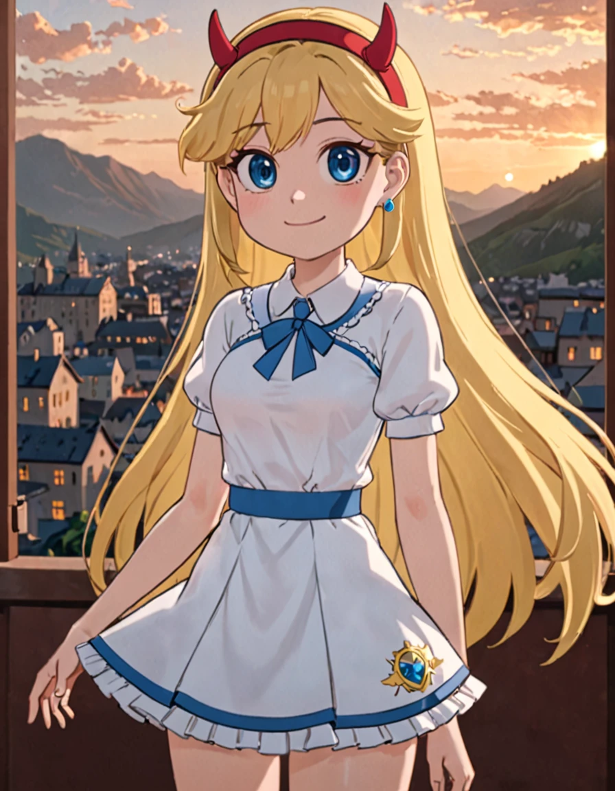 StaButty, a cartoon blonde girl with a red headband,highly detailed, intricate texture, cinematic lighting, vibrant colors,(full body:1.5), (looking at viewer:1.7), (realistic:1.7),big breasts,masterpiece,blue eyes,best quality, 8k, detailed skin texture, beautiful detailed face, intricate details, ultra detailed, cinematic light, ultra high res, 8k uhd, film grain, delicate, RAW,thin,detailed eyes,  source_anime, mountainous horizon, sunset, cityscape,school skirt,white shirt,cleavage, young girl,smiling,sexy <lora:StaButty_XL:0.8>,Gorgeous princess dress