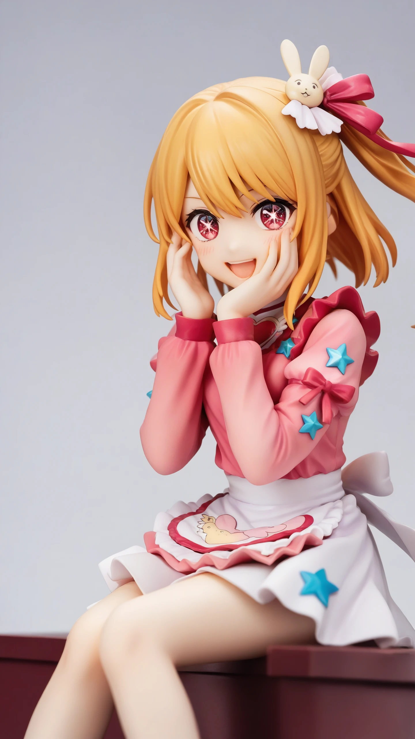 (score_9,score_8_up,score_7_up),source_anime,
1girl,solo,hands_up,sitting,blush,smile,blonde_hair,short_hair,fingernails,highres,chibi,hair_between_eyes,hair_ribbon,hands_on_own_face,heart_in_eye,hoshino_ruby,looking_at_viewer,one_side_up,open_mouth,pink_bodysuit,pink_eyes,pink_ribbon,puffy_long_sleeves,rabbit_print,simple_background,sparkle,star-shaped_pupils,white_apron,white_background,<lora:oshi_no_ko:1>,