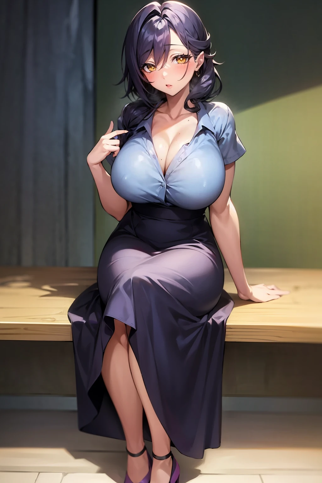 (masterpiece, best quality), 1girl, (solo), looking at viewer,
showing hope on face,
<lora:Haruno Nadeshiko (Bunnystein Fantasy):0.8> (bunnystein-naddy:1.3), hair over shoulder, large breasts, (mole under eye, mole under mouth, mole on breast:0.8),
yellow eyes, brown eyes, black hair, purple hair,
high heels, skirt, purple footwear, short sleeves, shirt, long skirt, blue shirt, black skirt, collarbone