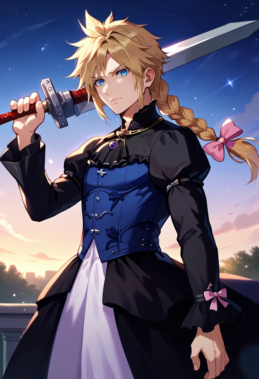 score_9, score_8_up, score_7_up, source_anime, solo, male focus, 1boy, dressCloud, expressionless, looking at viewer, weapon over shoulder, holding weapon, holding sword, buster sword, crossdressing, blonde hair, twin braids, hair bow, frilled dress, black dress, puffy sleeves, long sleeves, long dress, night, outdoors <lora:concept_overshoulder_ponyXL:1.1> <lora:cloudstrife-pdxl-nvwls-v1:0.9>