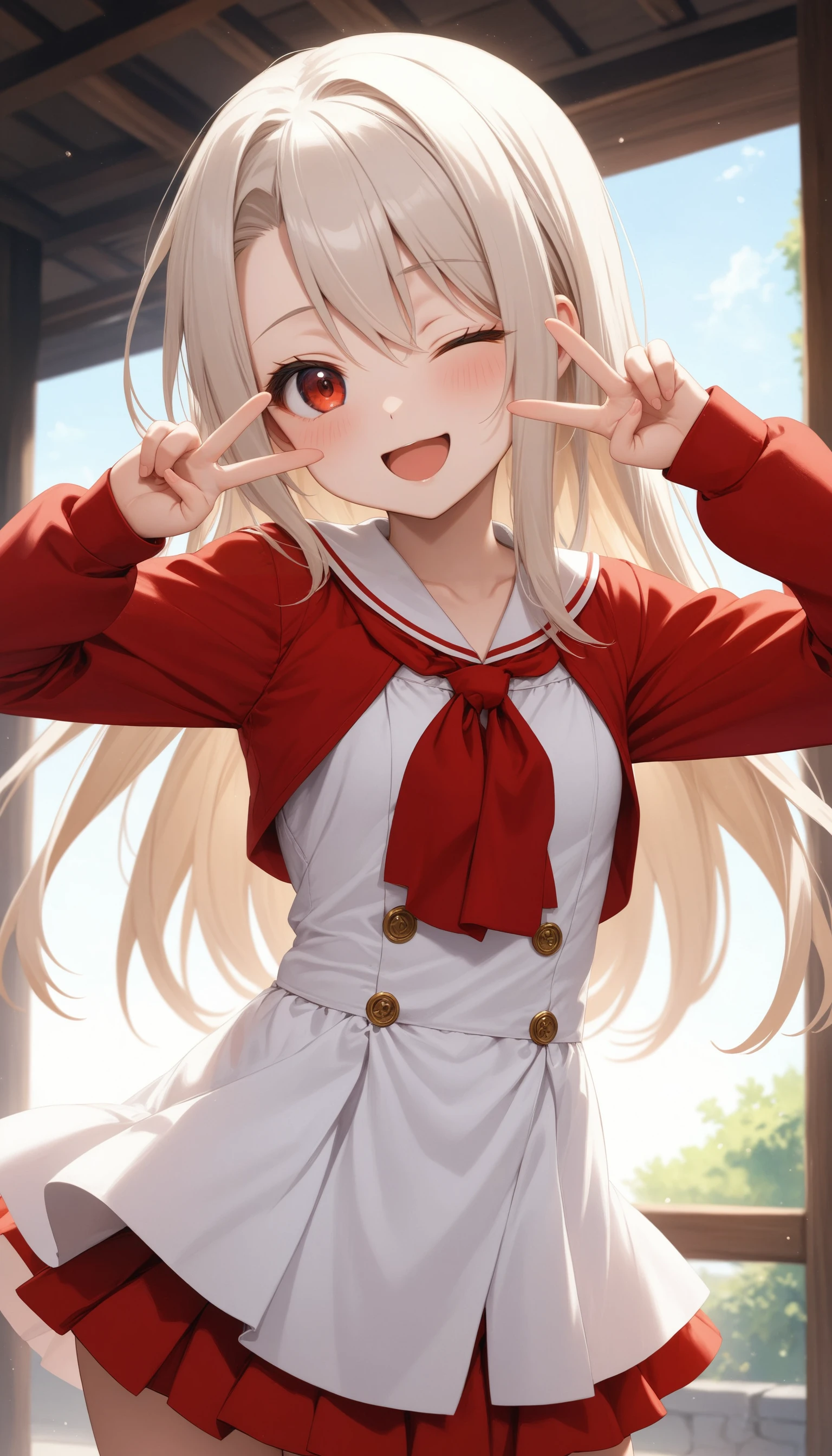 (masterpiece, best quality, very aesthetic, ultra detailed), intricate details,
1girl, illyasviel von einzbern, fate \(series\), white hair, red eyes, one eye closed, open mouth, skirt, double v, smile,