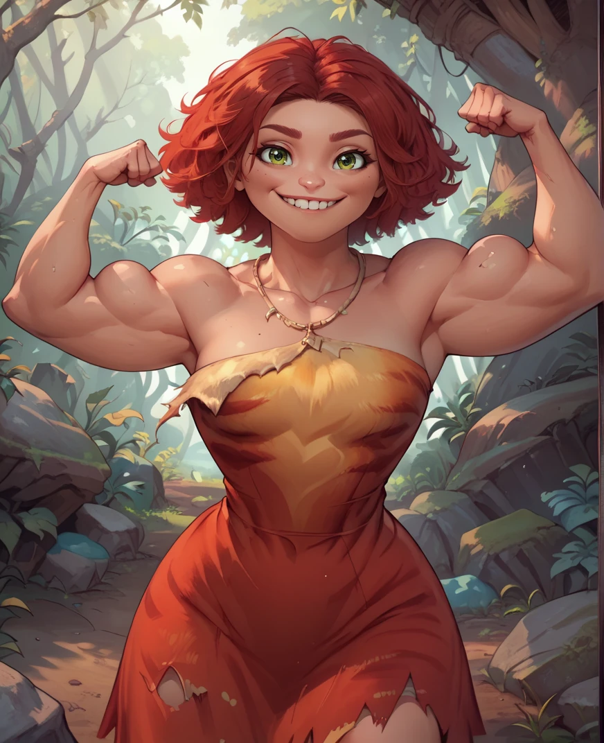 score_9,score_8_up,score_7_up,score_6_up,
eepxl,red hair,green eyes,short hair,looking at viewer,flexing,biceps,
Dress,necklace,bare shoulders,animal print,torn clothes,
smile,
rocky forest,<lora:Eep:0.9>,