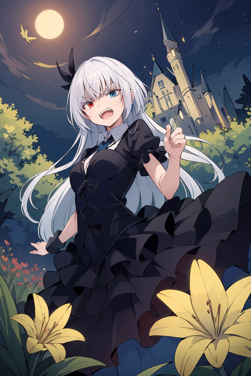 (masterpiece,best quality:1.3),1girl,luminous,(night:1.4),silver hair,heterochromia,long hair,small breasts,fangs,outdoors,<lora:luminous-000048:0.8>,(flower:1.2),lily \(flower\),garden,(castle:1.2),luxury crystal castle,angry,black hair accessory,from below,