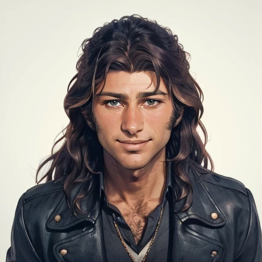 1boy, man, solo,( mikebrant:1.2), looking at the viewer, focus on face, portrait, long hair, jacket, simple background, shy smile, <lora:Mike_Brant:1>