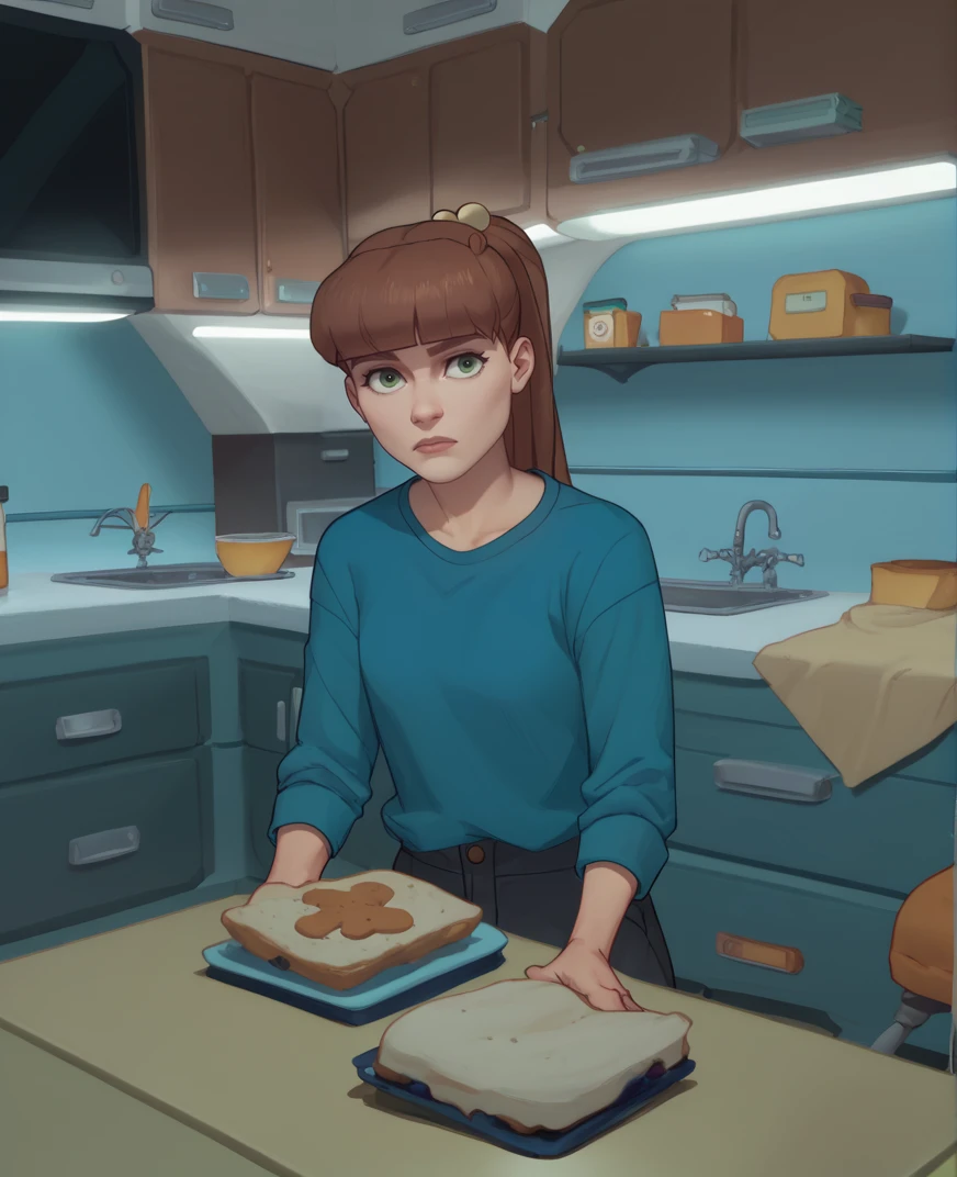 score_9,score_8_up,score_7_up,score_6_up,
amandaxl,ponytail,brown hair,bangs,hair bobbles,green eyes,
blue shirt,
base,science fiction,kitchen,peanut butter and jelly sandwich,counter,
<lora:MonsterGirlA:0.9>,