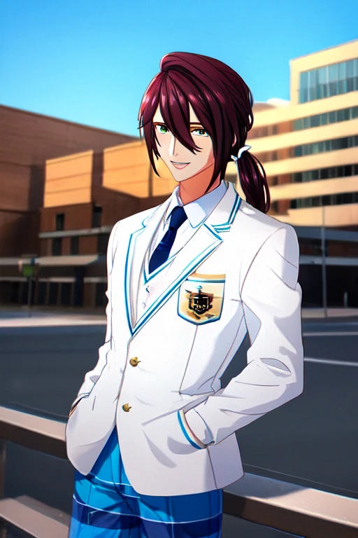 (masterpiece),(best_quality),1boy,Tamonten,low pony tail,school uniform,white jacket,badge,blue pants,smile,<lora:Tamonten:1>,