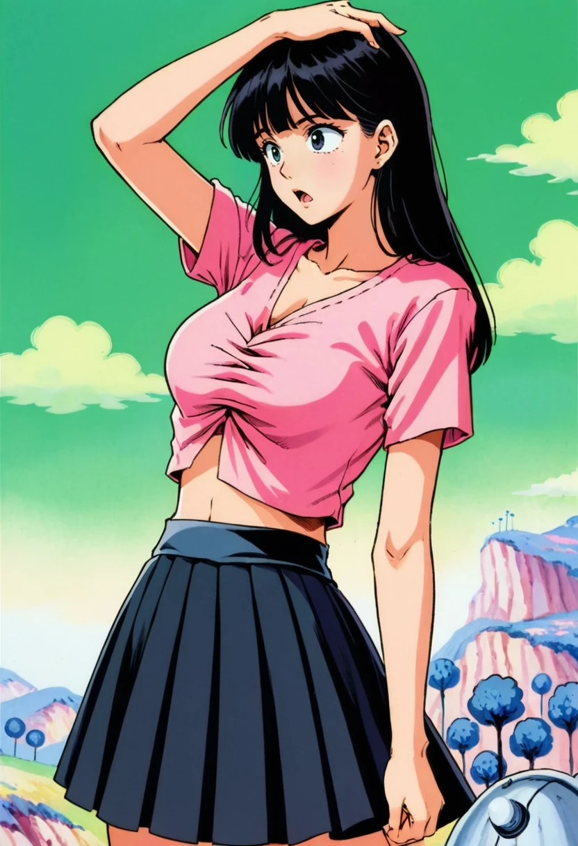 (namek),building,village,outdoors, (blue grass), tree,(green sky),hill,a girl covering her eyes from the sun,cowboy shot, black hair, long hair, blunt bangs,pink eyes, pink t-shirt, crop top, black pleated skirt,cleavage,medium breasts,looking afar, looking to the side,arm up,:o, open mouth, surprised,thighs,short sleeves, <lora:NamekXL32:1>