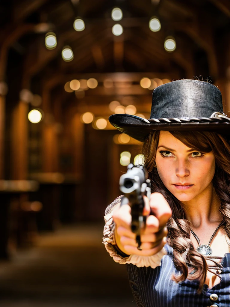 photo of a 19th century wild west woman aiming a revolver at you, revolver pistol, in a saloon, dramatic lighting, good quality, sharp focus, cinematic