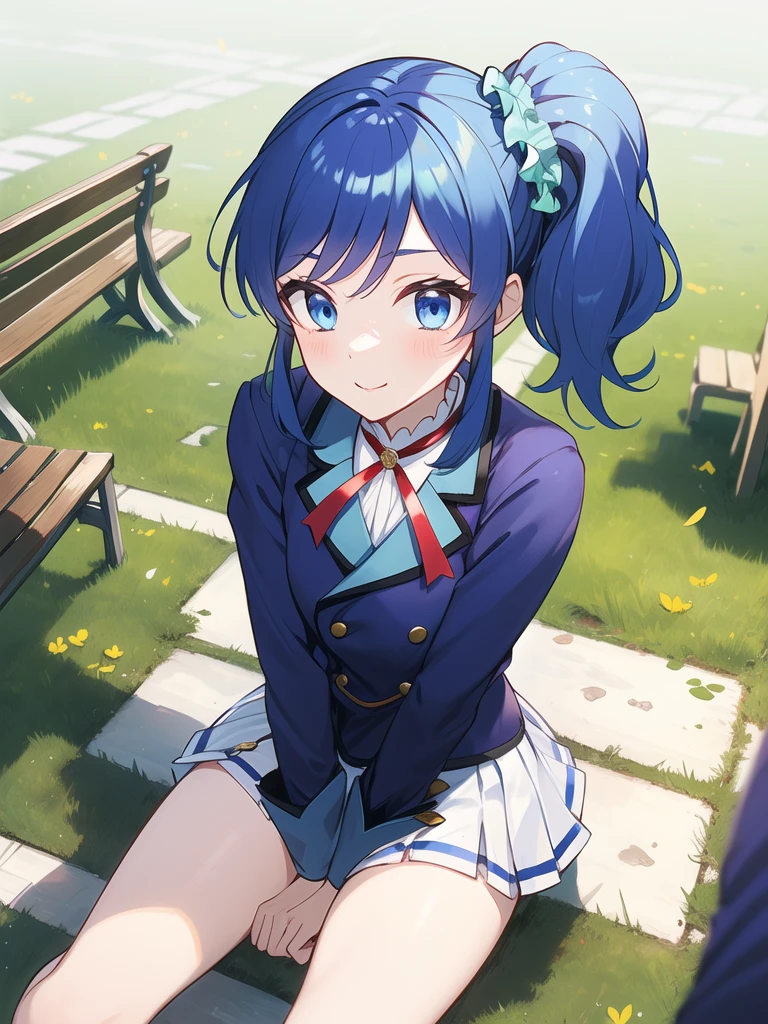 (detailed clothes features,detailed face,masterpiece,highres,)cute girl:, 1 girl,solo,Adult, middle age,
<lora:aikatsu_kiriya aoi seihuku_v1:1>kiriya aoi,miniskirt,white skirt,thigh,Blue Jacket,starlight academy uniform,blue eyes,red neck ribbon,blue hair,blue eyes, blue hair, side ponytail,
Park, bench, sitting, blue sky, grass