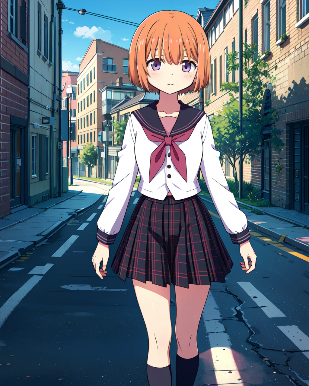 masterpiece, high quality, 1girl, mgrcmiuraasahi, cowboy shot, (walking), orange hair, purple eyes, white with blue shirt, pink bowtie, black striped skirt, black kneehighs, outdoors, city, street, <lora:mgrcmiuraasahi-05:0.7>