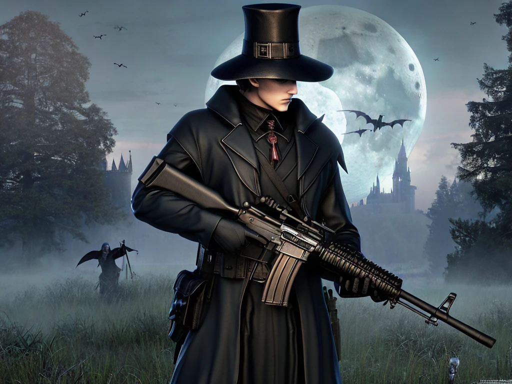 a gothic vampire hunter (holding an m16 rifle), assault rifle, wearing a tall hat, dead tree and castle in background, at night, cross necklace, bats, bright full moon, moody, horror, good quality, sharp focus, concept art, digital art, painting, realistic, masterwork, high resolution, 4k