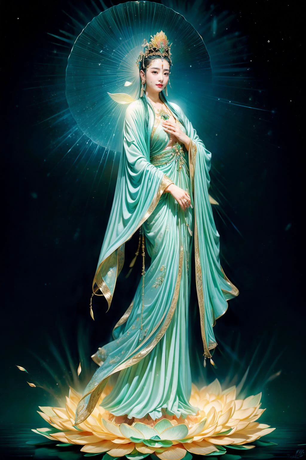 ((1girl and guanyin)),water,standing,lotus,mantra, lily pad,jewelry,wide sleeves, chinese clothes, hanfu,shawl, hair ornament, holding flower, earrings, crown,<lora:add_detail:2>,<lora:yuzu2:0.7>, <lora:bguanyinv1:0.787>,(rim lighting,:1.4) two tone lighting, sharp focus, teal hue, octane, unreal, dimly lit, low key, <lora:epi_noiseoffset2:1>,