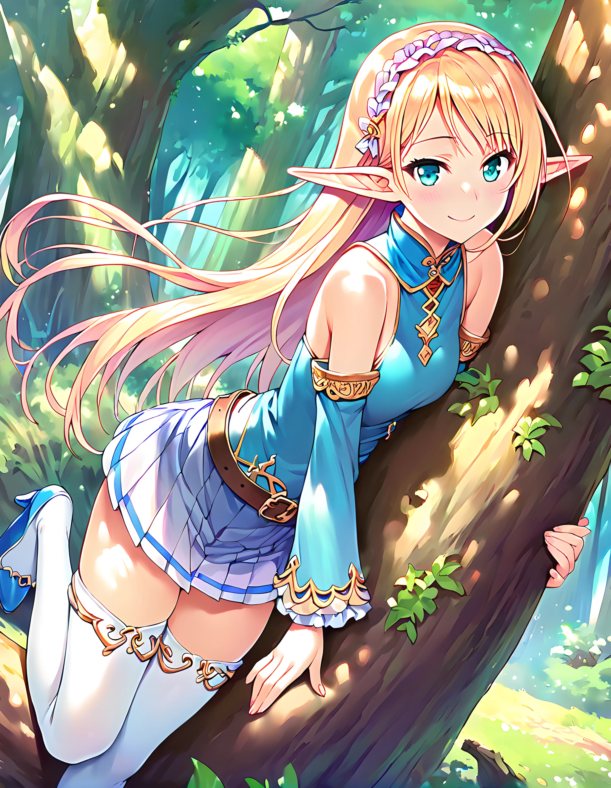 <lora:pony_xl_Tisse:0.8>,Tisse,score_9,score_8_up,score_7_up,source_anime,1girl,elf,bare shoulders,blue shirt,detached sleeves,white pleated skirt,miniskirt,frills,belt,white thighhighs,blue high heels,smile,:d,Dreamy forest,