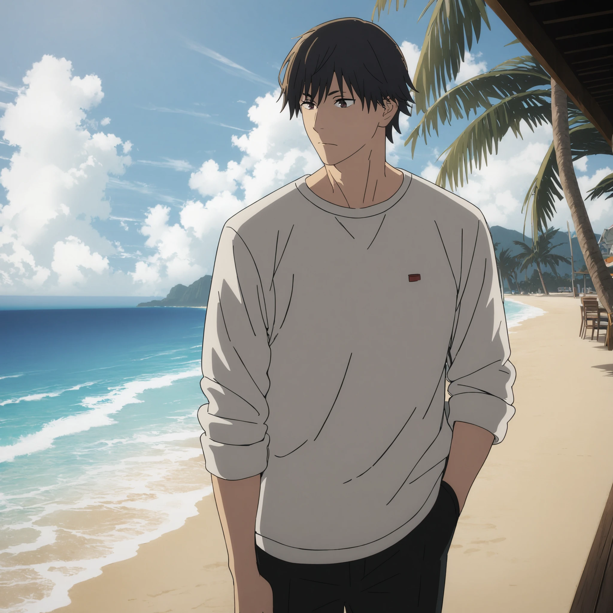 masterpiece, high-resolution, beach, bloom, 1 boy, white shirt, casual clothing, palm trees, ocean, bar, csm art-style,  <lora:csm-artstyle:0.7>