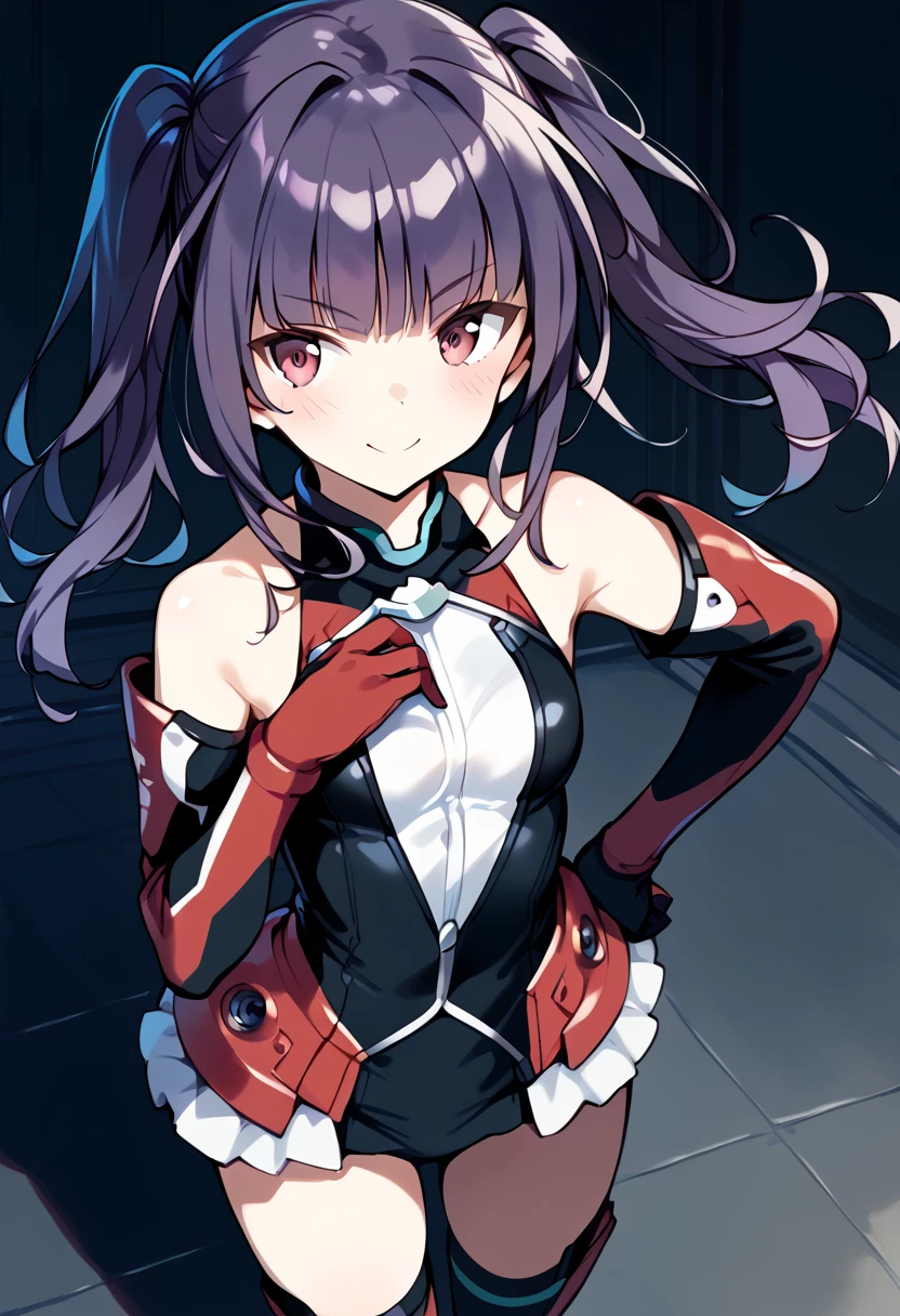 score_9, score_8_up, score_7_up, source_anime BREAK
ichijou ayaka, ace suit, 1girl, solo, twintails, smile, elbow gloves, bare shoulders, looking at viewer, hand on hip, red eyes, black gloves, long hair, eyebrows visible through hair, hand on own chest, purple hair, black skirt, black legwear, closed mouth, small breasts, collarbone, sidelocks, blush, v-shaped eyebrows, pleated skirt, cowboy shot, red legwear, faulds, miniskirt, black leotard, shiny hair, armpits, hand up, shiny, standing, halterneck, >:\), blunt bangs, zettai ryouiki, purple eyes, red gloves, tsurime, medium breasts, floating hair, microskirt, pink eyes, detached sleeves, covered collarbone, black dress, from above, frills, armor, sleeveless shirt, single elbow glove, sleeveless dress, layered skirt, hand on own hip, black thighhighs, red thighhighs, frilled skirt, multicolored clothes, indoors
<lora:ichijou_ayaka_sdxl_pony_locon_v1:0.8>