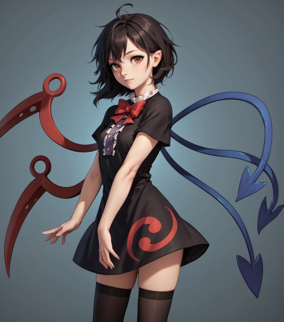 1girl,solo, houjuu nue, asymmetrical wings,short black dress, short sleeves,black thighhighs,standing,simple background <lora:Houjuu_Nue:0.9>, source_anime, score_9, score_8_up, score_7_up, highly detailed, clear line