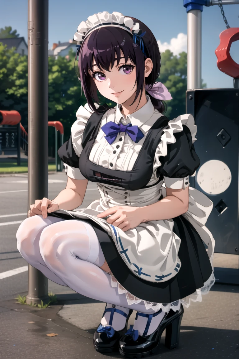 (((pixel-perfect, detail-perfect))), solo, 1girl,hi1, (purple hair, purple eyes:1.2), large breasts, hair bow, <lora:hoshizora_ikuyo_v10:0.7>,
(smile, happy),
maid_dress, (puffy sleeves, black footwear, apron, black dress, high heels, white thighhighs, puffy short sleeves, maid, maid headdress, blue bow, blue bowtie), <lora:maid_dress:0.7>,
(outdoors, in playground, daytime:1.3),