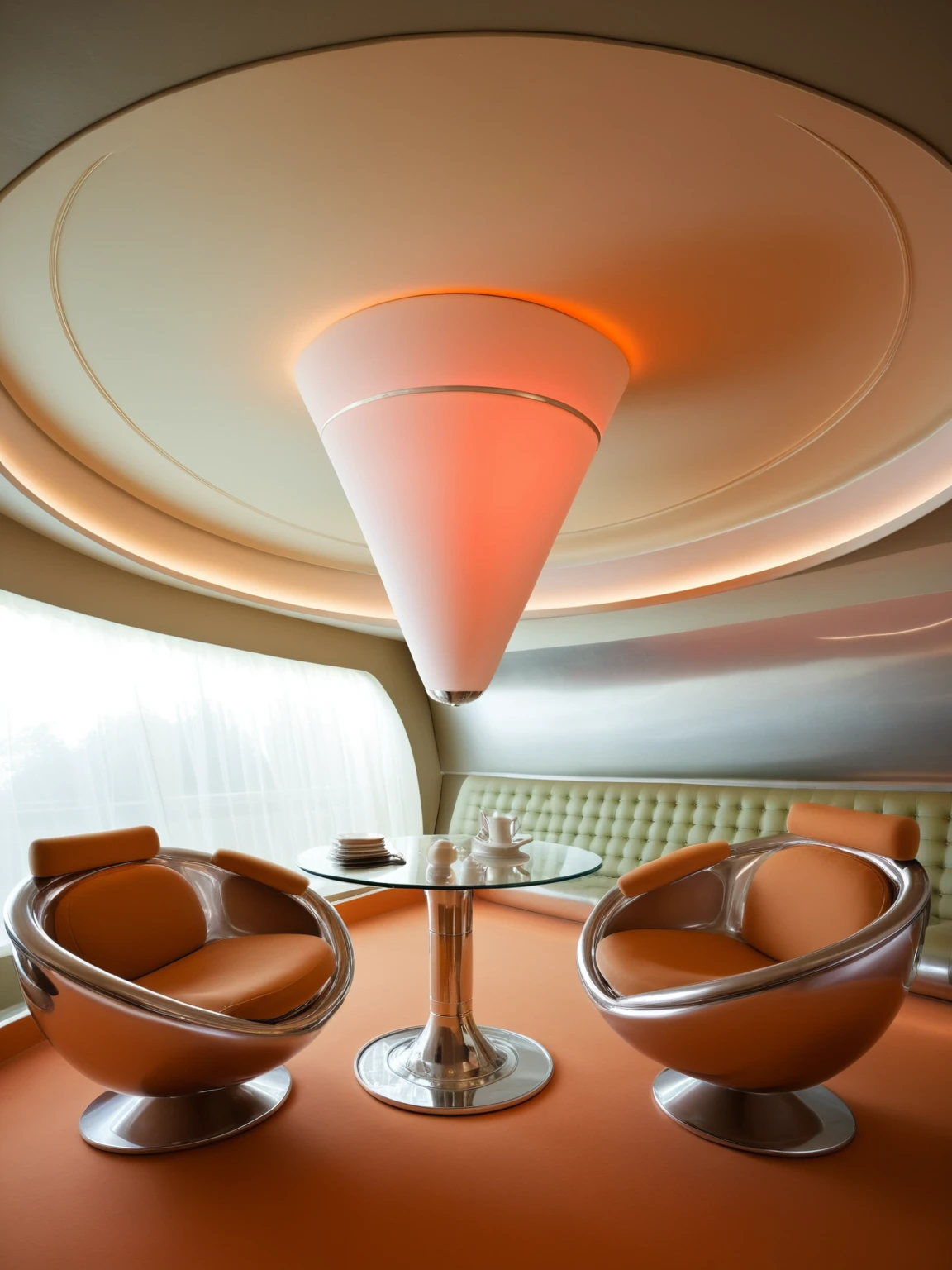 <lora:JJsRetroFuturism_XL:1>, ((Retro Futurism)), ((masterpiece)), ((best quality)), real world location, realistic, high detailed, (indoor) , no human, floor, ceiling , window, chair,