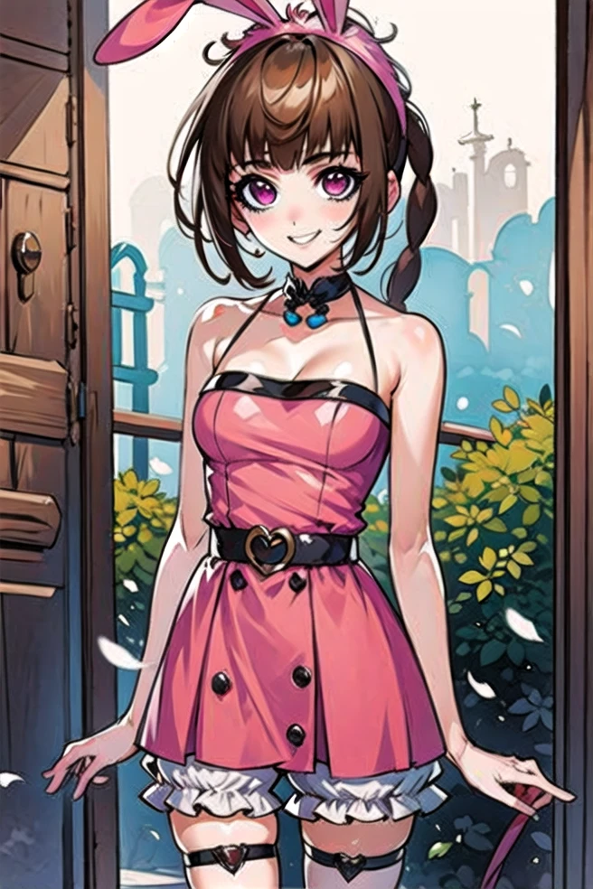 masterpiece, best quality, absurdres,<lora:Xiao_Wu_manga:1>,xiao wu, smilling,standing, magenta eyes, brown hair, scorpion tail hair,rabbit ears,pink dress