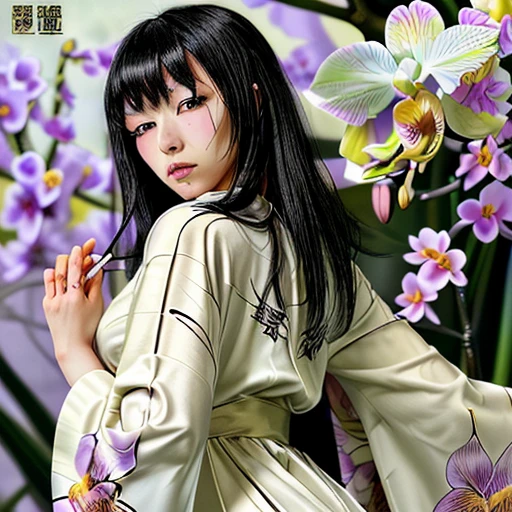 Master piece, highest quality, Sheena Ringo a woman from a virtous sect. The character looks like she is in her late teens. She is beautiful, petite, Flat chested and flexible. She has open, long, kempt, black hair. Her Robe is perfectly white with a badge of an orchid, and the back of the robe is covered in an orchid pattern. Detailed face. The character is always serious.  <lora:SheenaRingo:1>