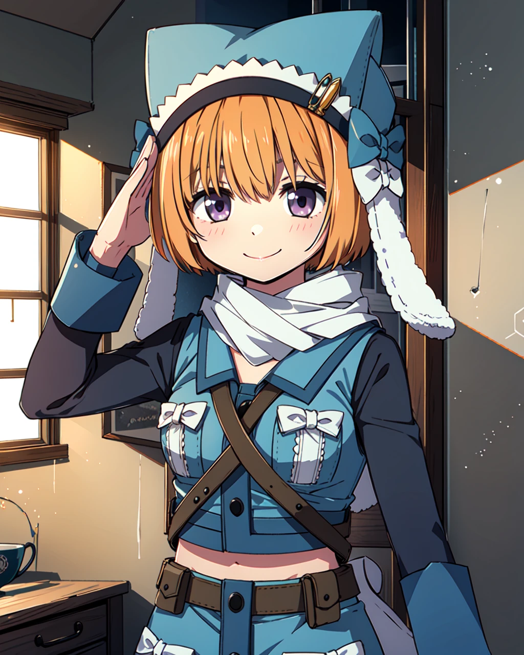 masterpiece, high quality, 1girl, mgrcmiuraasahi, upper body, medium shot, dynamic pose, standing, looking at viewer, orange hair, purple eyes, blue with white hat with bows, golden badge on hat, white scarf, leather belts, blue with white buttoned vest, long black with blue sleeves, blue with white buttoned skirt, saluting, light smile, indoors, evening,  <lora:mgrcmiuraasahi-05:0.8>