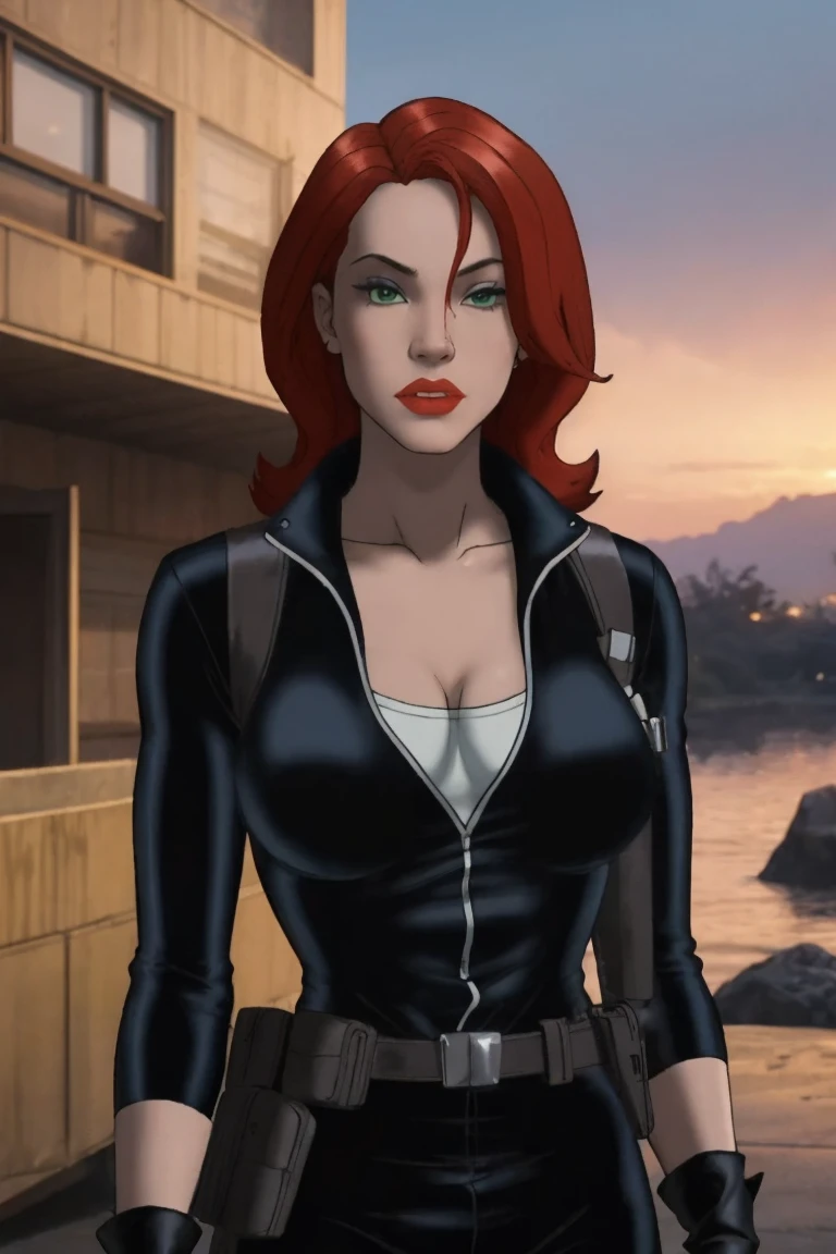 masterpiece, best quality, high quality, highres,  upper body, looking at viewer, twilight,  sunset, 
MARVEL_BlackWidow_bodysuit, www.ownwaifu.com, 
1girl, red hair, breasts, green eyes, lipstick, makeup,  jewelry,  large breasts, red lips, lips,  long hair, collarbone, eyeshadow, 
 gloves, cleavage, fingerless gloves, bodysuit, black gloves, belt, holster, black pants, 
<lora:CARTOON_MARVEL_BlackWidow_UA_ownwaifu-15:0.7>